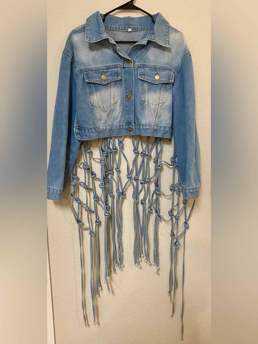 Hand Tied Fringe Denim Jacket - Size XL - NWOT!